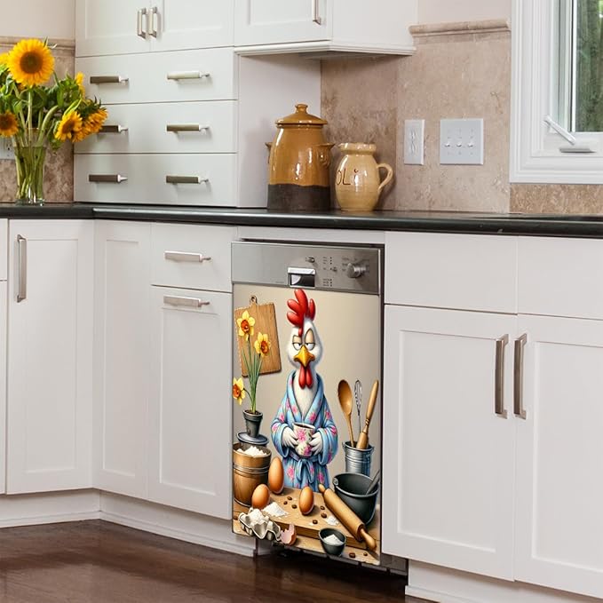 Dishwasher Magnet Cover Funny Rooster Flower Front Dishwasher Cover Decoration Reusable Magnetic Door Cover Panel Decal Home Appliances Stickers Kitchen Refrigerator Fridge 23"x26"