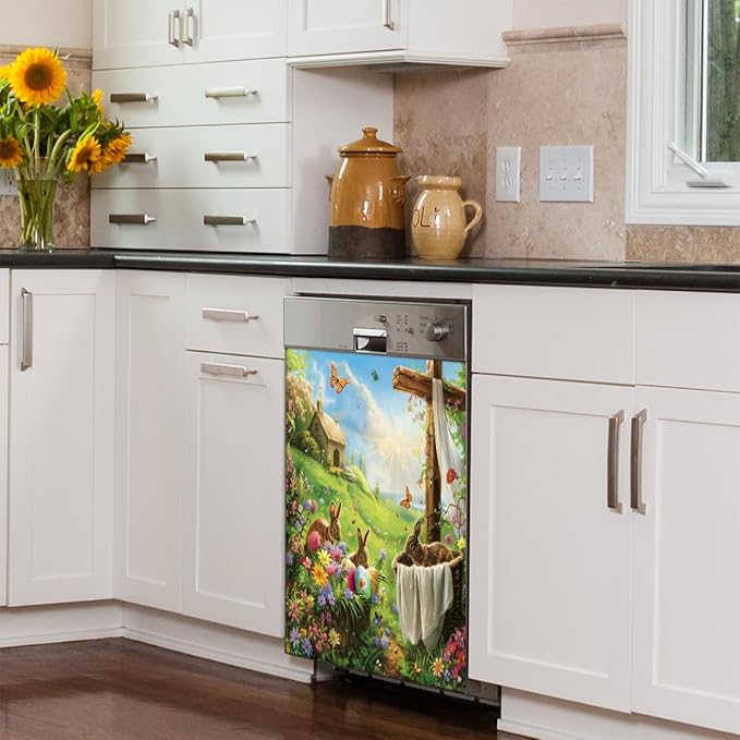 Easter Bunny Cross Meadow Sun Dishwasher Magnet Cover, Reusable Refrigerator Panel Stickers Microwave Front Door Covers Magnets for Kitchen Home Appliances Holiday Party Decorations 23 X 26 in