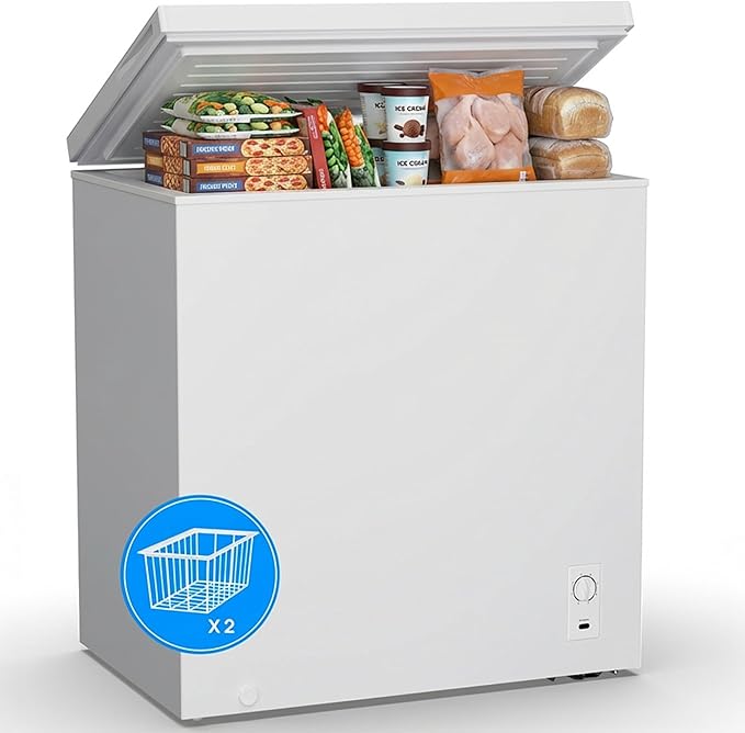 12 Cu.Ft Chest Freezer, Small Compact Deep Freezer with Adjustable 7 Thermostat, 2 Removable Baskets, Energy Saving, Quiet Top Open Door Mini Meat Freezer with LED Light for Garage Outdoor Home Office