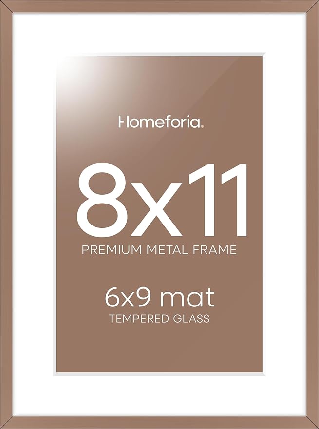 Homeforia 8x11 Picture Frame Mocha, High End Metal 8 x 11 Poster Frames with Mat 6 by 9 for Photo, 11x8 Frame Matted to 6x9 inch Print, 8by11 Wall or Tabletop Frames, Tempered Glass, Wall Kit, Set of 1