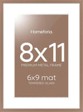 Homeforia 8x11 Picture Frame Mocha, High End Metal 8 x 11 Poster Frames with Mat 6 by 9 for Photo, 11x8 Frame Matted to 6x9 inch Print, 8by11 Wall or Tabletop Frames, Tempered Glass, Wall Kit, Set of 1