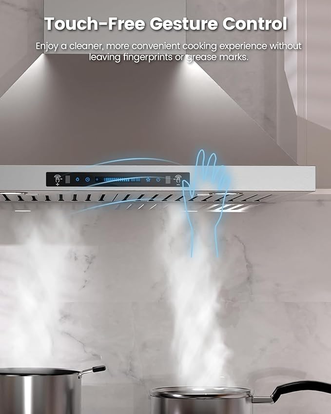 JOCO 30 Inch Wall Mount Range Hood, 900 CFM Stainless Steel Kitchen Chimney Vent Hood, Convertible for Ducted or Ductless Installation, 4-Speed Gesture/Touch/Remote Control P02-30G