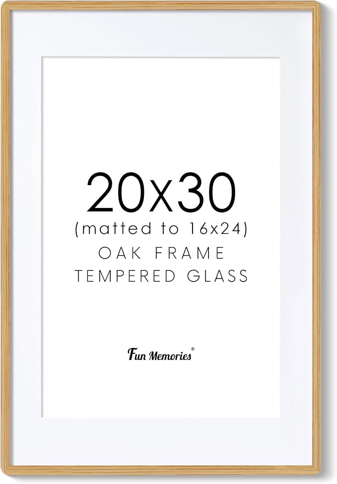 20x30 Picture Frame, 20 x 30 Poster Frame - Solid Oak Wood, 20 by 30 Frame with Tempered Glass, 20"x30" Wood Frame with Mat for 16"x24", Minimalist 20x30 Frames for Wall, Natural Oak Color, 1 Pack