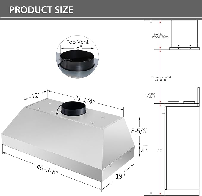Akicon 42 Inch Range Hood Insert with Heater Sensor, 1200 CFM Ultra-Quiet Stainless Steel Ducted Vent Hood Insert with 4 Speed Fan, Dimmable LED Lights and Dishwasher Safe Filters