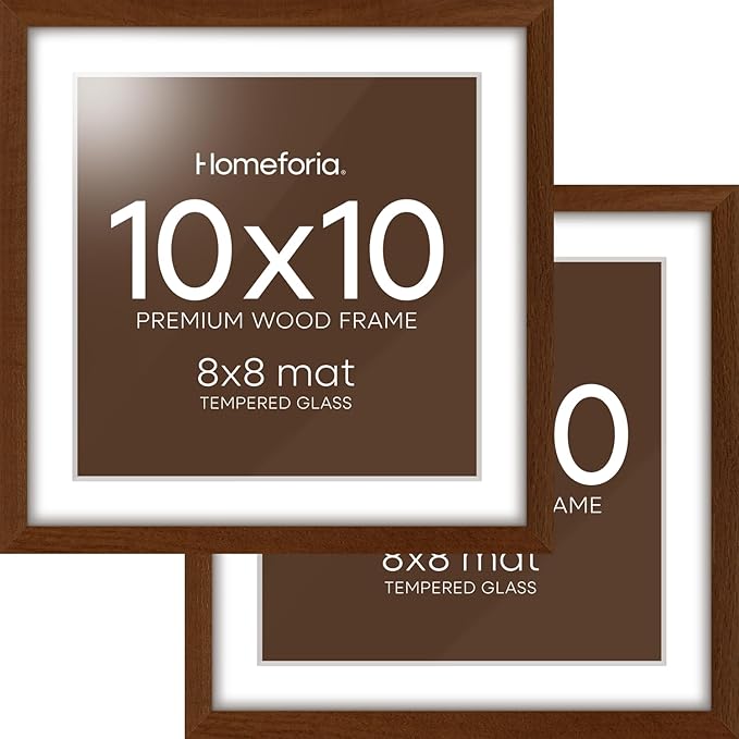 Homeforia 10x10 Picture Frame Brown, High-End Dark Oak 10 x 10 Square Brown Wood Frames with Mat 8 by 8 Photo, 10by10 Wooden Walnut Poster Frame Matted to 8x8 Print, Tempered Glass, Wall Kit, Set of 2