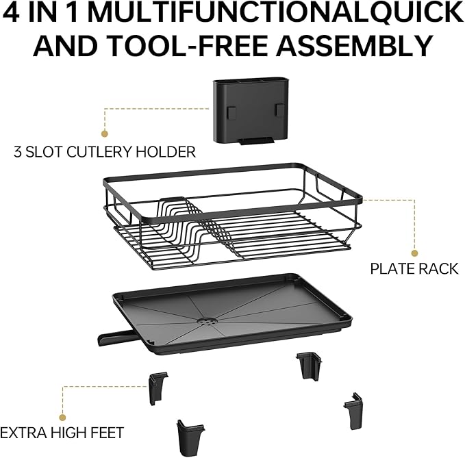 TOOLF Space-Saving Dish Drying Rack, Multifunctional Dish Rack for Kitchen Counter,Sink Dish Drainer Rack, Dishes Strainer with Drain Board & Cutlery Holder, Compact Dryer Rack,Black