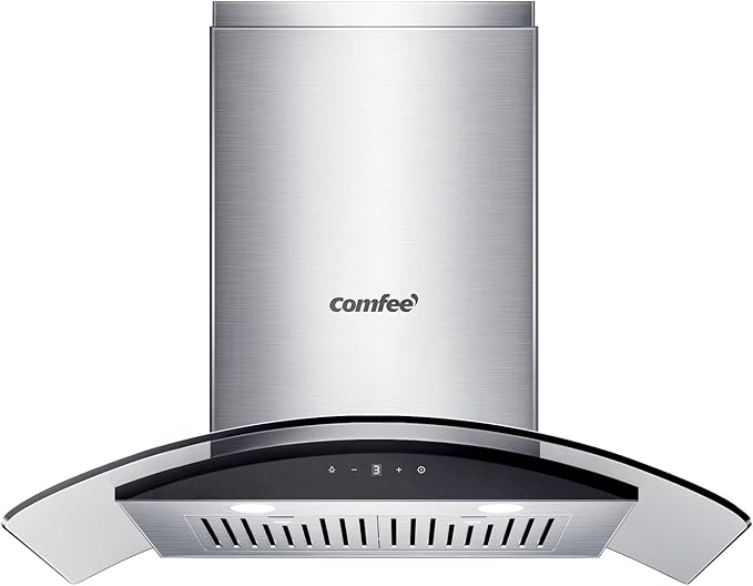 COMFEE' Curved Glass Range Hood 30 Inch 450 CFM 3 Speed Gesture Sensing &Touch Control Panel Stainless Steel kitchen Ductless/Ducted Convertible with Baffle Filters and 2 LED Lights (CVG30W9AST)