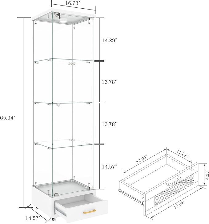 Yoluckea 4 Tiers Glass Display Cabinet with LED Lighting and Drawer, 1 Door Floor Standing Curio Cabinet with Wheel for Home, Office, Corner Display, White Glass Bookshelf for Collections and Decor