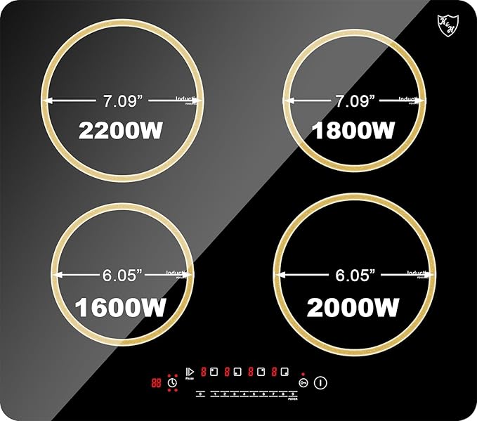 K&H 4 Burner Induction Cooktop - 24 Inch Built-In Electric Cermic Stove Top - 17 Heating Levels, 240V, 6000W High-Power Built-in Electric Stove Top - Child Lock, Timer & Touch Control - IN24-6004