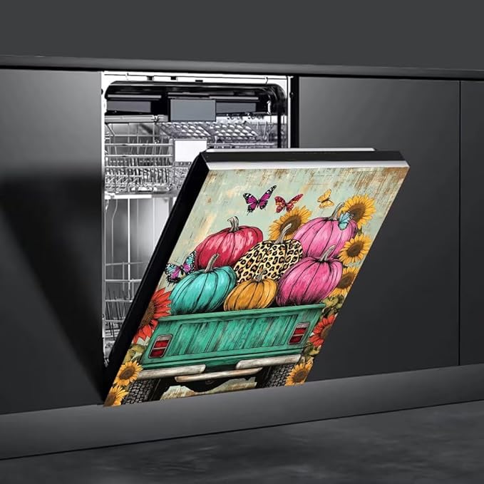 Fall Pumpkin Truck Magnetic Dishwasher Cover Vinyl Sticker,Farm Harvest Sunflowers Dishwasher Magnet Cover, Rustic Barn Fridge Door Cover Magnets Art Skin Panel Decal for Home Decor, 23"X26"