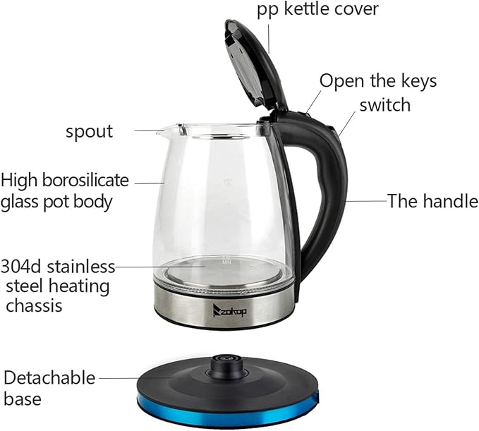 Electric Kettle, 1.8L Glass Teapot with Removable Tea Infuser - No Plastic Contact, 7-Color LED Light & Mesh Filter, 1200W Fast Boiling for Tea, Coffee, Hot Cereal (110V, Black)