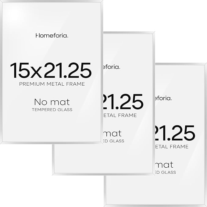 Homeforia 15x21.25 Silver Puzzle Frame, High End Metal 15 x 21.25 Picture Frames without Mat, 21.25x15 Thin Silver Poster Frame for Wall, 15by21.25 Puzzle Art Frame, Tempered Glass, Wall Kit, Set of 3