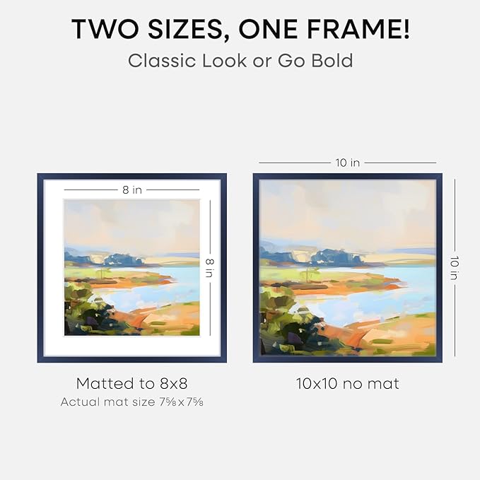 Homeforia 10x10 Picture Frame Navy Blue, High End Metal 10 by 10 Square Frames with Mat 8 x 8 Photo, 10by10 Poster Frame Matted to 8x8 Print, Wall or Tabletop Frame, Tempered Glass, Wall Kit, Set of 1