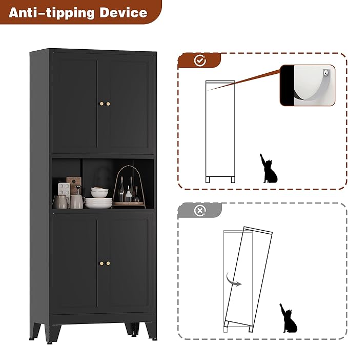 Metal Storage Cabinet, 69" Tall Bathroom Cabinets with 4 Doors & 3 Adjustable Shelves Large Cupboard, Black Metal Pantry Cabinets for Kitchen, Home Office, Garage, Warehouse