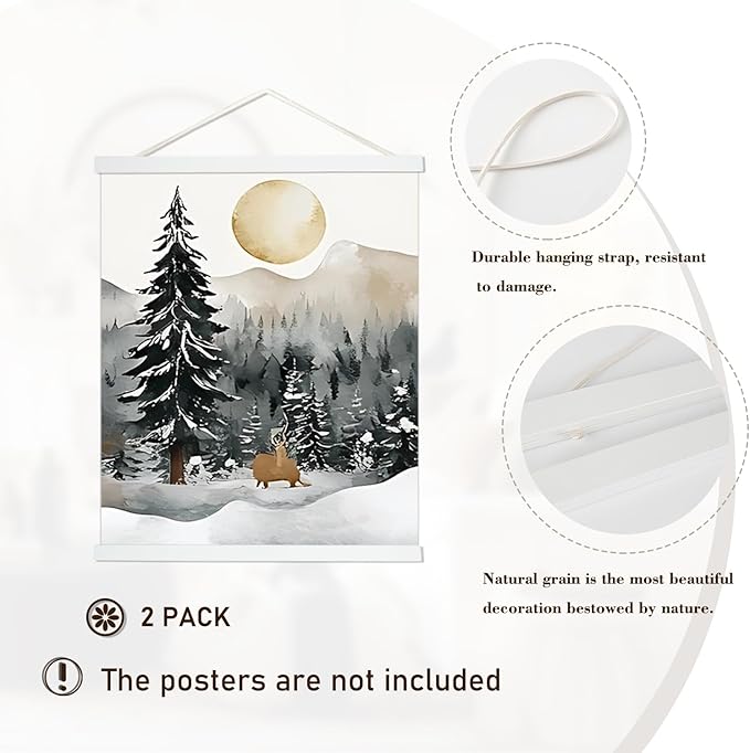 Artmag 2 Pack Magnetic Poster Hanger Frame, 33x24 33x23 33x47 Light Wood Wooden Magnet Canvas Artwork Print Dowel Poster Hangers Frames Hanging Kit (White, 33",2 Packs)