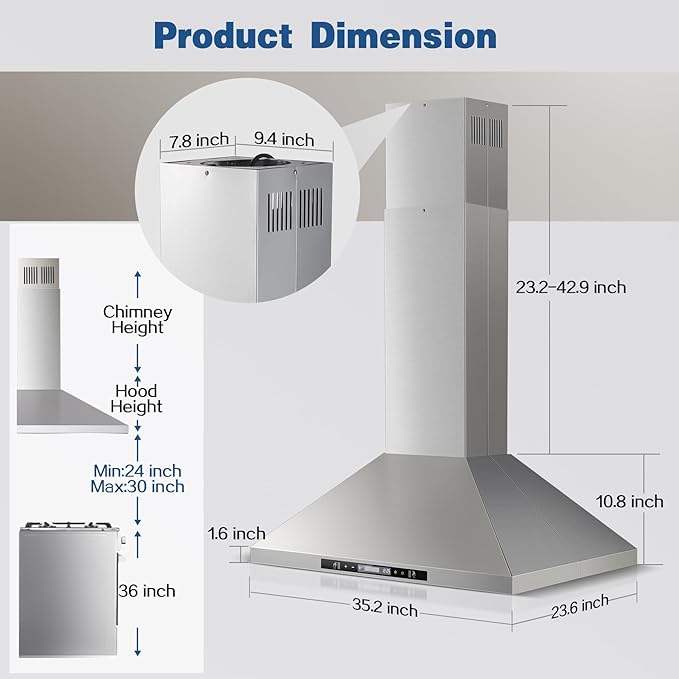 Island Range Hood 36 inch 700 CFM Ceiling Mount Kitchen Hood Vent with Gesture Sensing &Touch Control,Ducted/Ductless Convertible,3 Speeds Fan,4 LED Lights,Stainless Steel,Aluminum Filters