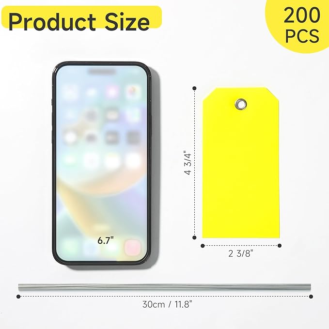 200 Pieces 4 3/4" x 2 3/8" Plastic Shipping Tags with Wire Waterproof Tags for Labeling Heavy Duty Plastic Tags Blank Tags to Write On with Reinforced for Equipment Car Parts Garage Storage(Yellow)