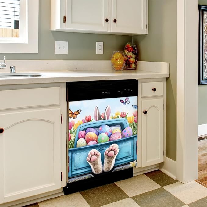 Easter Bunny Egg Truck Dishwasher Magnet Cover Front Dishwasher Cover Decor Reusable Magnetic Door Cover Panel Decal Home Appliances Stickers Kitchen Refrigerator Fridge 23"x26"