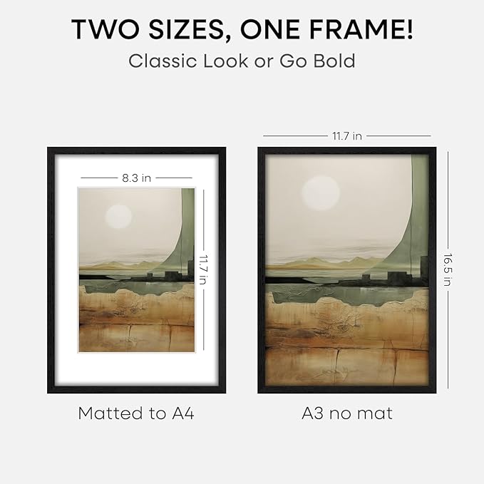 Homeforia A3 Picture Frame Black Wood, High-End Oak 11.7 x 16.5 Black Poster Frames Matted to 8.3 by 11.7 Photo, 11.7x16.5 Size Wooden Frame with Mat 8.3x11.7 Print, Tempered Glass, Wall Kit, Set of 3