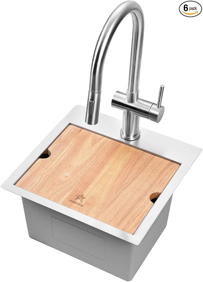 STARSTAR Workstation Ledge Top Mount/Drop-in 304 Stainless Steel Luxury Single Bowl For Kitchen,Yard, Office, Bar, Laundry Sink (15 x 15)