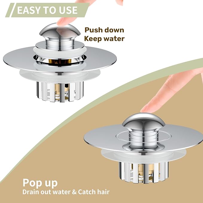 Kitchen Sink Drain Strainer 3 in 1, 304 Stainless Steel Pop Up Sink Stopper, Anti-Clogging Drain Stopper, Strainers for Kitchen, Drain Cover & Kitchen Accessories for US Standard Sink (Shiny Chrome)