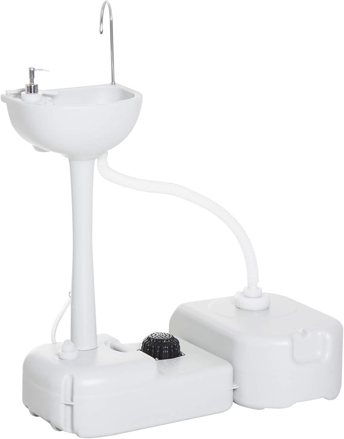 kleankin Portable Camping Sink, Handwashing Station Basin with 4.5 Gal (17 L) Tank, 6.3 Gal (24 L) Recovery Tank, Rolling Wheels & Soap Dispenser for RV, Outdoor Events, Gatherings, HDPE, White