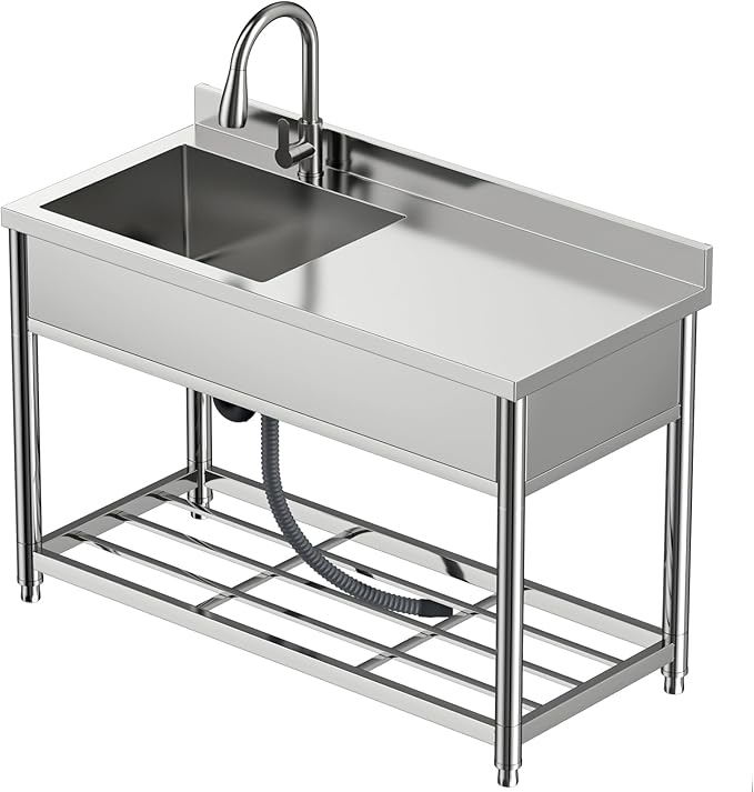 Commercial Sink with Drainboard, Stainless Steel Utility Sink with Pull-out Faucet, Free Standing Single Bowl Kitchen Sink with Workbench for Restaurant, Garage, Outoor, 21.7"D x 47.2"W x 37"H