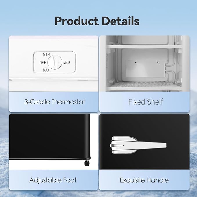 Mini Freezer Compact Upright Freezer, 1.2Cu.ft Small Freezer with Handle, Removable Shelves, Adjustable Thermostat, Low Noise Mini Freezers for Bedroom, Apartment, Home, Office, Black