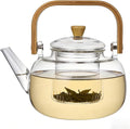 1500ml (50.72oz) Borosilicate Glass Teapot with Wooden Handle, Stovetop Safe Large Tea Kettle with Removable Glass Infuser for Blooming Tea and Loose Leaf Tea