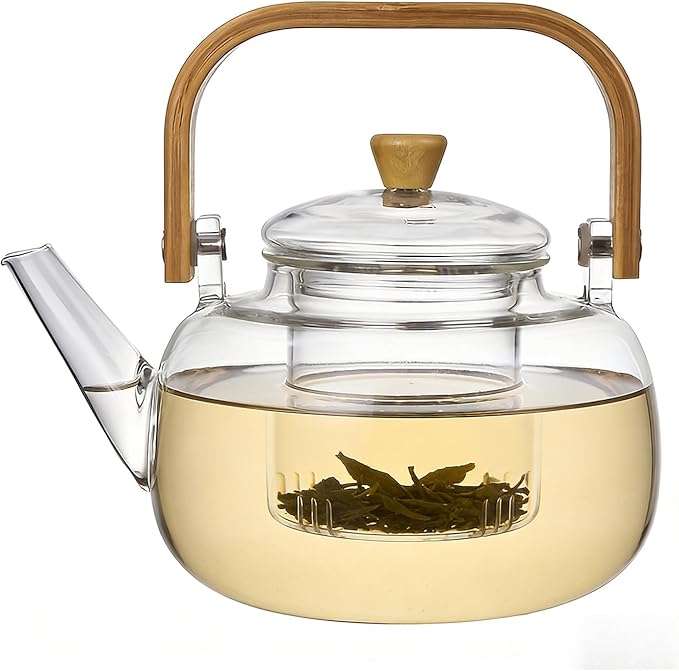 1500ml (50.72oz) Borosilicate Glass Teapot with Wooden Handle, Stovetop Safe Large Tea Kettle with Removable Glass Infuser for Blooming Tea and Loose Leaf Tea