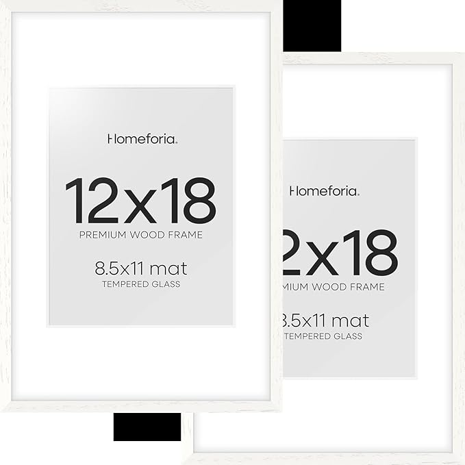 Homeforia 12x18 Frame White Wood, High End Oak 12x18 Poster Frame White with Mat 8.5x11 Print, 12 x 18 Wooden Picture Frames Matted to 8.5 by 11 Photo, 18x12 Frames, Tempered Glass, Wall Kit, Set of 2