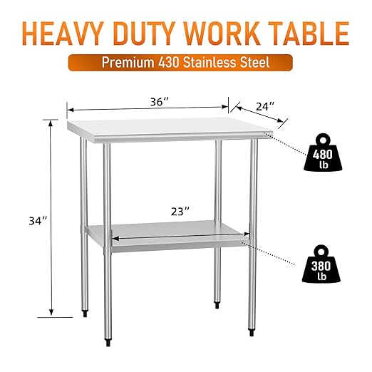 Stainless Steel Table for Food Prep & Work 24 x 30 inches Utility Table with Adjustable Undershelf, Commercial Workstation in Kitchen, Garage, Laundry, Outdoor BBQ