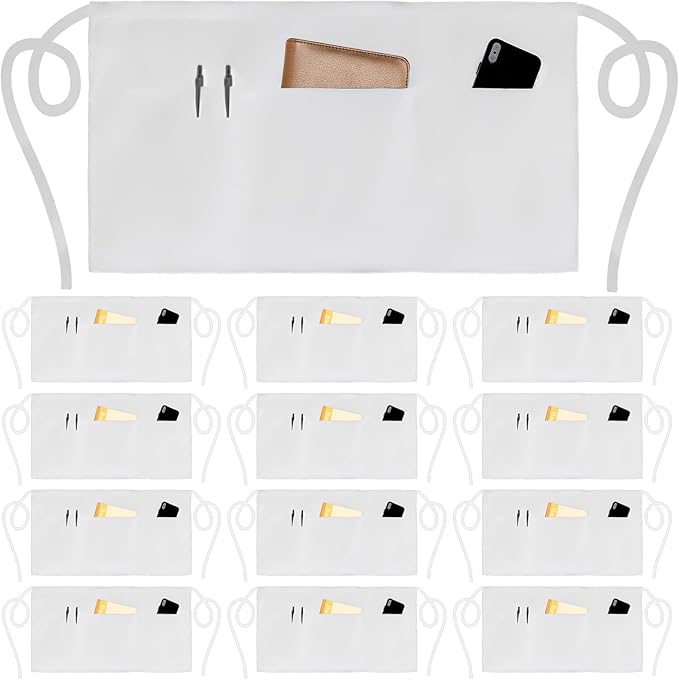 NOBONDO 12 Pack Waitress Aprons with 3 Pockets - White Waist Aprons for Women Men Commercial Waiter Half Apron with Extra Long Straps Reinforced Seams for Restaurant Server Work