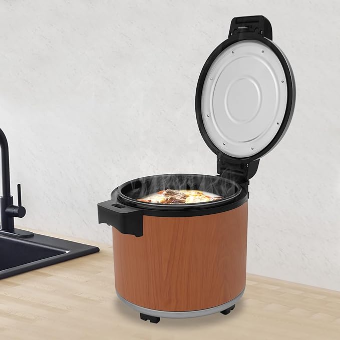 6-Gal Electric Rice Warmer | 149°F Constant-Temp Heating | for 40-50 People | 3D Even Heating | 110V 105W Commercial Food Warmer with Inner Pot & Rice Spoon (Wood Grain/US Standard)
