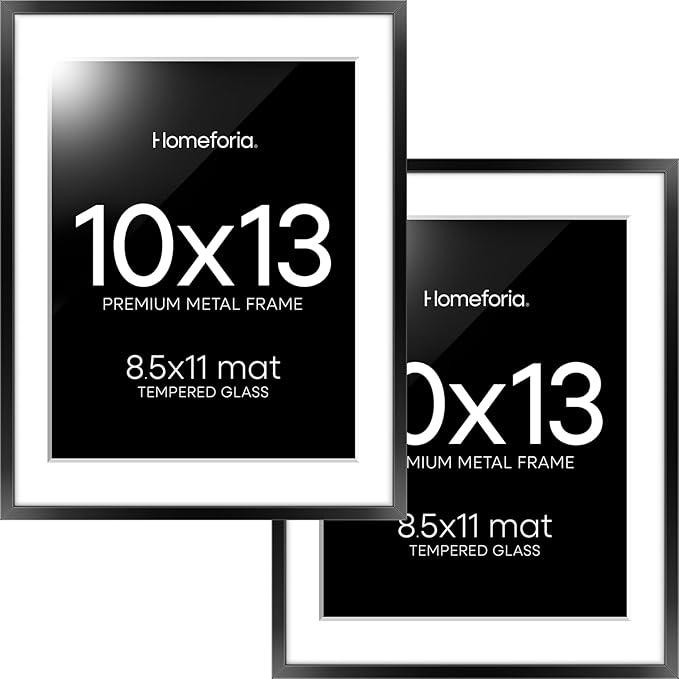 Homeforia Black 10x13 Picture Frame, High End Metal 10x13 Poster Frames with Mat 8.5x11, 10 x 13 Black Frames Matted to 8.5 x 11 inch Photo, 10 by 13 Hanging Frames, Tempered Glass, Wall Kit, Set of 2