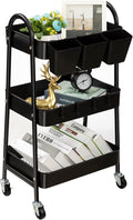 danpinera 3-Tier Rolling Cart, Utility Cart Mobile Metal Rolling Storage Cart with Lockable Wheels & Hanging Cups & Hooks for Kitchen, Bathroom, Office, Workshop, Black