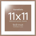 Homeforia 11x11 Picture Frame Mocha, High End Metal 11 by 11 Square Frames with Mat 9 x 9 Opening, 11by11 Poster Frames Matted to 9x9 inch Photo, Wall Hanging Frame, Tempered Glass, Wall Kit, Set of 1