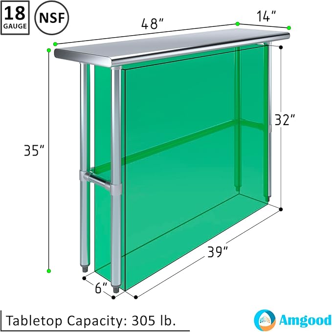 AmGood Stainless Steel Work Table Open Base | NSF Kitchen Island Food Prep | Laundry Garage Utility Bench (48" Long X 14" Deep)
