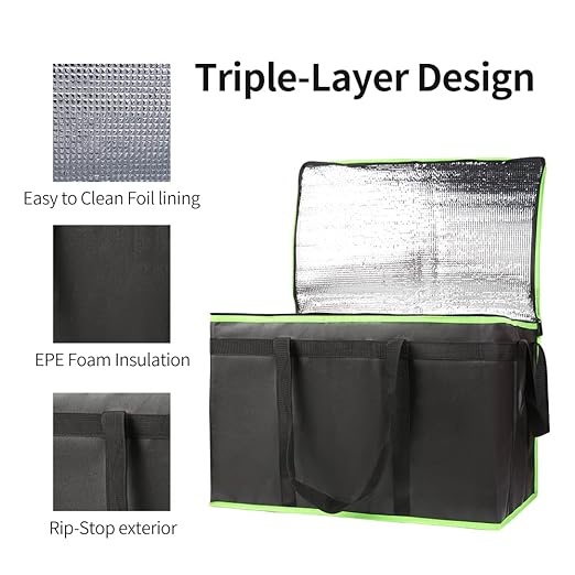 Bodaon 3-Pack Insulated Food Delivery Bag, XXX-Large Meal Grocery Tote Insulation Bag for Hot/Cold Food, Commercial Cooler/Thermal Bags, Large Capacity Reusable Warming Bag, Black with Green Edge