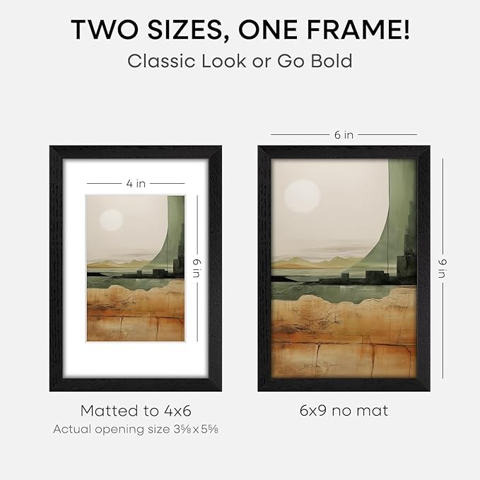 Homeforia 9x6 Black Wood Frame, High End Oak 6x9 Black Wooden Picture Frames with Mat 4x6 Print, 6 x 9 Frame Matted to 4 by 6 inch Photo, 6x9 Wall or Tabletop Frames, Tempered Glass, Wall Kit, Set of 1