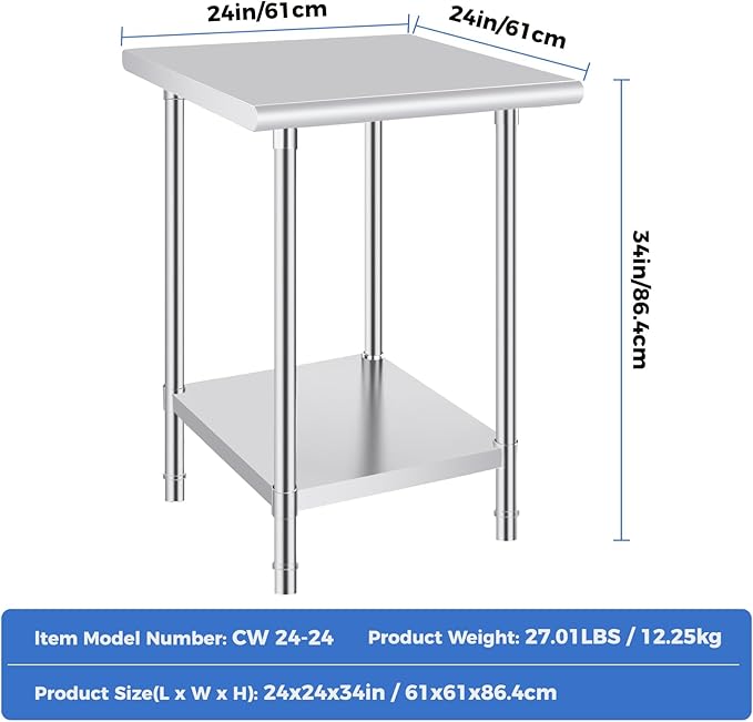 OSTBA Stainless Steel Table for Prep & Work 24x24 Inches, NSF Metal Commercial Heavy Duty Table with Adjustable Undershelf and Adjustable Foot for Restaurant Kitchen Home and Hotel