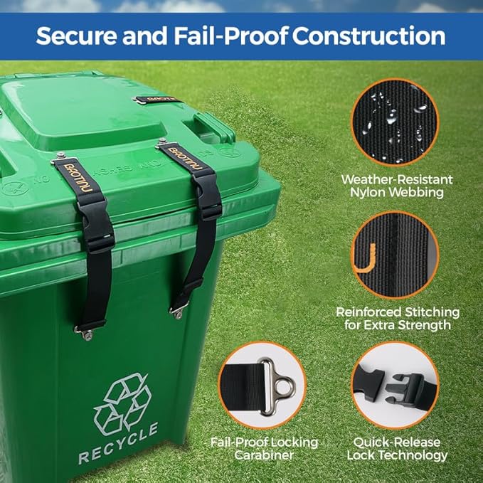 Trash Can Lock for Animals, 4PCS Adjustable Straps Garbage Can Locks for 28-100 Gallon Outdoor Bins, Bear Proof Trash Can Lock with Anti-Rust Metal Buckle, One-Hand Release Lid Locking Design