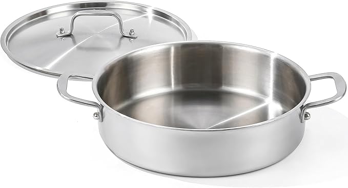 DELARLO Tri-Ply Stainless Steel 3.5 Quart Braiser Pan with Lid Induction Rondeau Pot With Lid 12inch Deep Frying Pan Large Saute Pan Heavy Duty Style Compatible With All Cooktops Up to 650℉