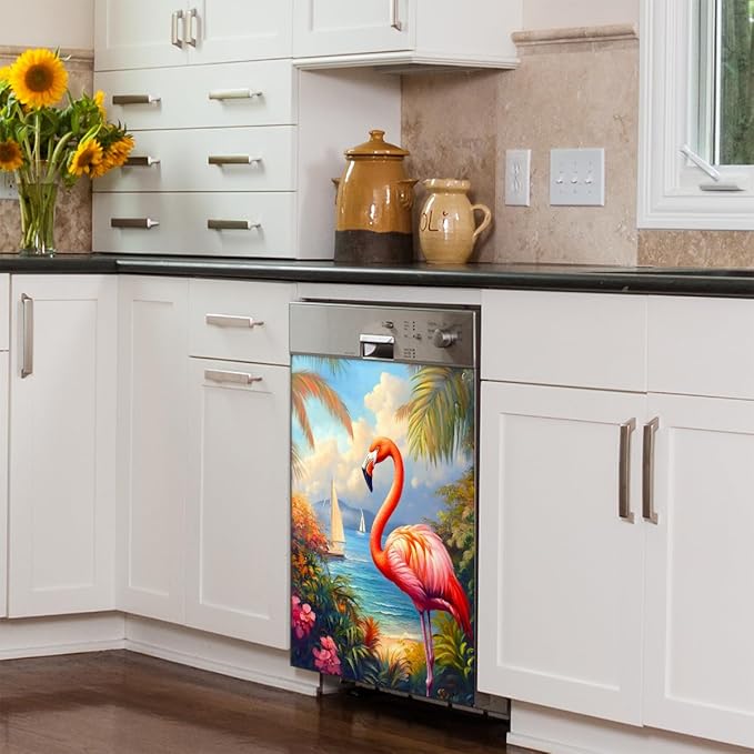 Summer Palm Flamingo Dishwasher Magnet Cover Front Dishwasher Cover Decor Reusable Magnetic Door Cover Panel Decal Home Appliances Stickers Kitchen Refrigerator Fridge 23"x26"