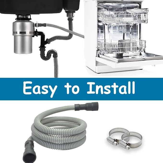 TTFLEX Dishwasher Drain Hose 6 FT, Flexible Discharge Dishwasher Hose with Stainless Steel Clamps, Trim to Fit 11/16", 1", or 1-1/8" Dishwasher End, Fit 5/8", 3/4", or 1" Garbage Disposal/Sink End
