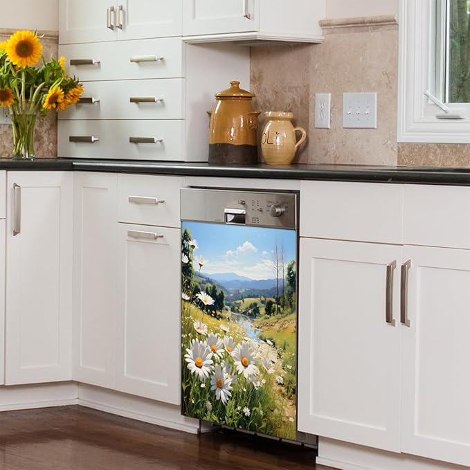 Spring Daisies Dishwasher Magnet Cover for Front Dishwasher Door Cover Panel Decals Home Cabinet Decals Kitchen Appliance Decor for Kitchen Farmhouse Home Decor, Kitchen Idea 23" x 26"