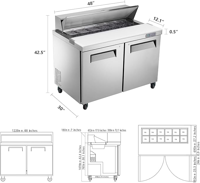 JINSONG Stainless Steel Sandwich & Salad Prep Table, Commercial Refrigerated Food Prep Station with Cutting Board & 8 Pans, 7.4 cu. ft Fridge Salad Bar for Restaurants (48''W 12.9 Cu.ft)