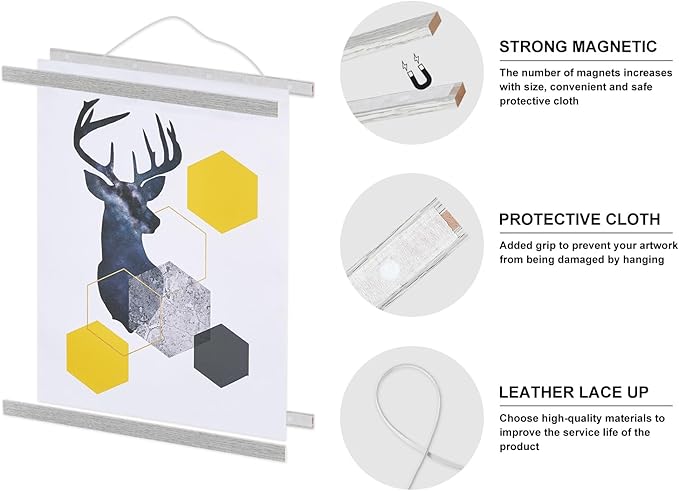 Magnetic Poster Hanger, 8x10 8x20 8x11 Poster Frame Wood Wooden Magnet Print Posters Dowel Scroll Hanger Hangers Hanging Kit for Walls Map Canvas Artwork (Grey, 8")