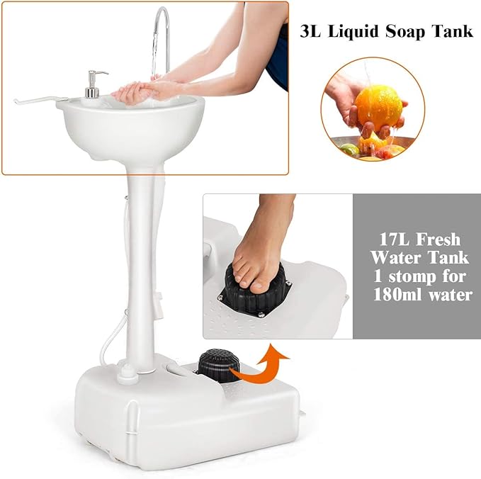S AFSTAR Portable Camping Sink, Hand Wash Basin Stand w/ 17L Water Tank & Soap Dispenser, Rolling Hand Washing Station w/Towel Holder & Foot Pump, for Garden, Outdoor Sink Hand Wash Station
