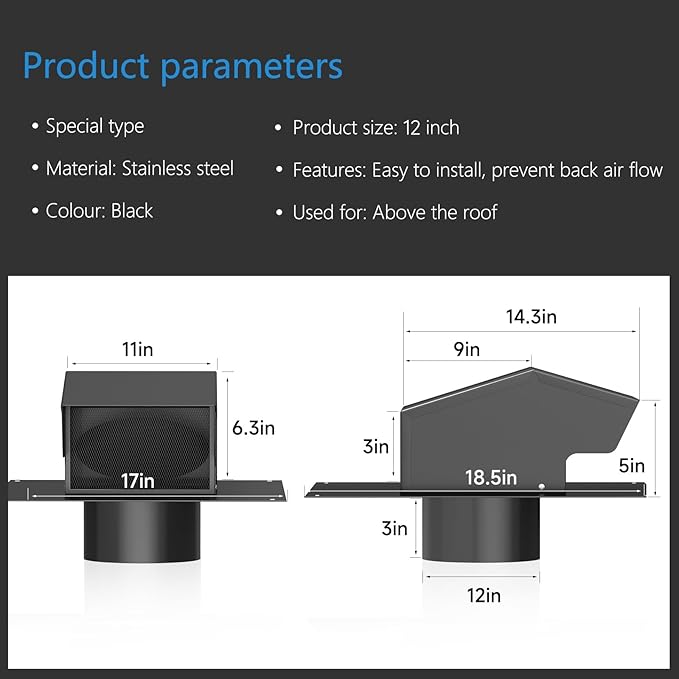 Hon&Guan 12 Inch Roof Exhaust Vent Cap - Heavy Duty Galvanized Steel Roof Vents for Houses, with Damper, for Home Ventilation System - Black